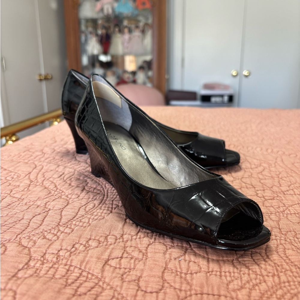 Black Croc-Embossed Peep-Toe Heels